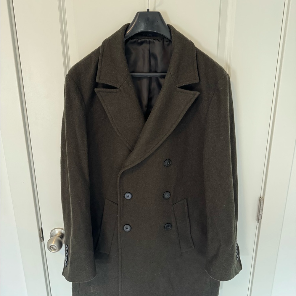 DKNY Men's Double-Breasted winter Pea Coat - Dark Olive